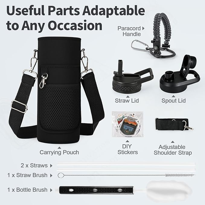40 oz Insulated Water Bottle with Straw (Cold for 48 Hrs), Stainless Steel Triple Wall Vacuum Sports Water Jug, Leakproof Hydro Cup Flask with Paracord Handle & Straw Spout Lids & DIY Stickers