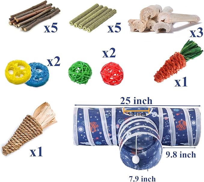 HERCOCCI Rabbit Toys, Collapsible Bunny Tunnels & Tubes 3 Way Rabbit Hideout Tunnel with Chew Toy for Bunny Guinea Pig Ferret Kitten