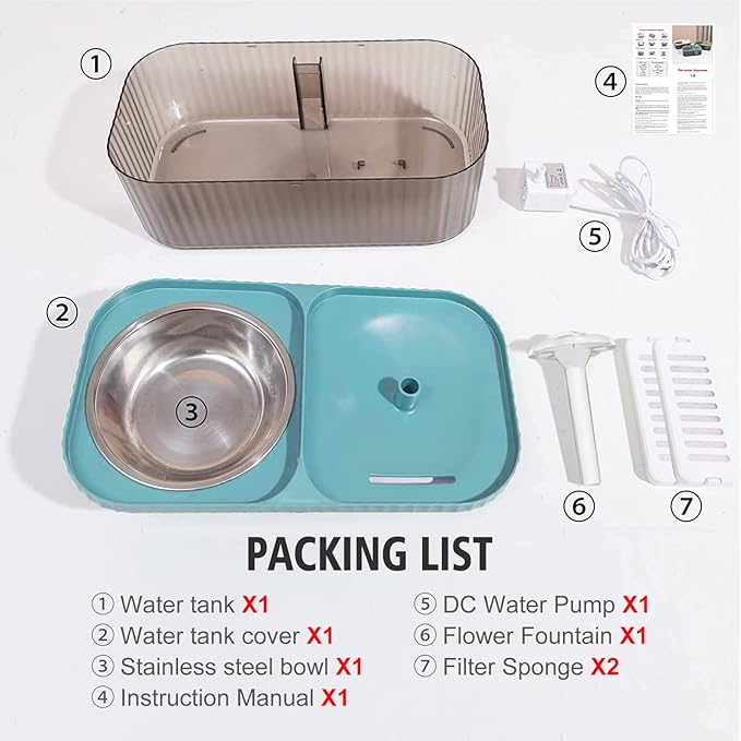 Suertree Cat Fountain Water Bowl Stainless Steel, 101oz/3L Automatic Pet Water Fountain, Dog Water Dispenser Cat Feeding Watering Supplies with 2 Filters for Cats, Dogs, Pets Blue
