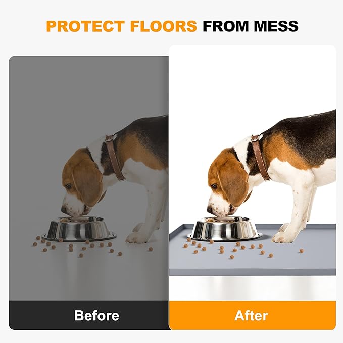 Finorder 23.6"x23.6" 100% Silicone Pet Feeding Mat, Higher Raised Edges and Slip Resistant Pet Food and Water Bowl Mat, Waterproof Pet Food Placemat Silicone Tray, Dishwasher Safe (Grey)