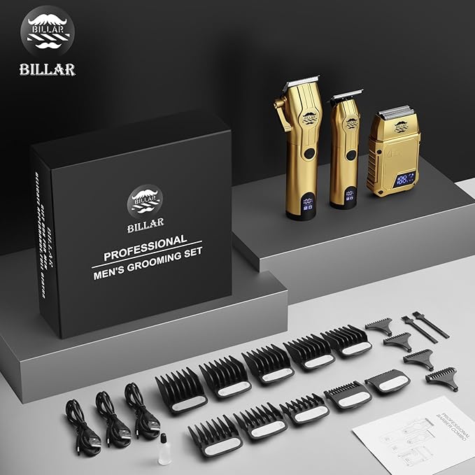 BILLAR® Professional Barber Clippers and Trimmer Set - Foil Shaver Professional Hair Clippers for Men, Mens Cordless Hair Clipper for Barbers Haircut Kit(Golden)