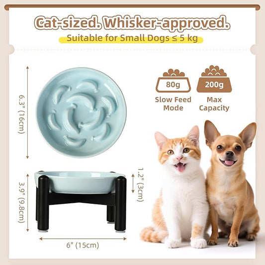 Elevated Slow Feeder Cat Bowl - Ceramic Cat Food Dish with Anti-Slip Stainless Steel Stand - Raised Maze Plate for Slow Eating - Pale Blue