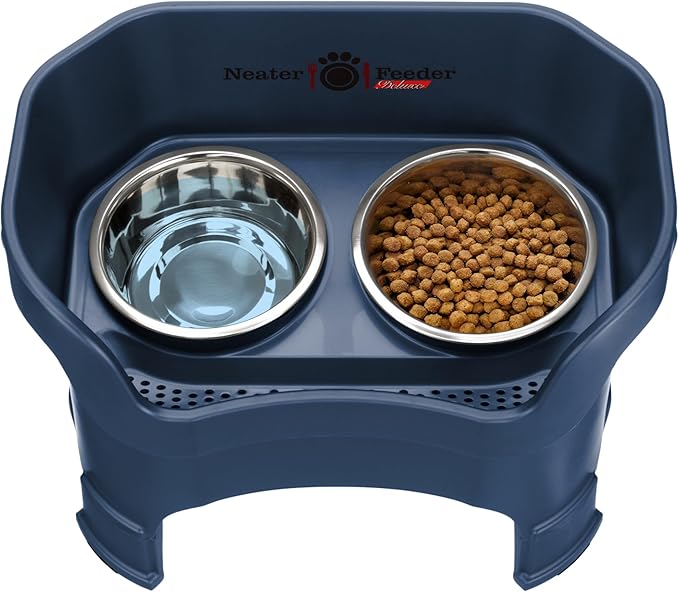 Neater Feeder Deluxe Mess Proof Dog Bowls Elevated for Large Dogs – Made in USA – No Spill Raised Dog Food Bowl Stand w/Leg Extensions – Stainless Steel Food and Water Bowl Set – Dark Blue