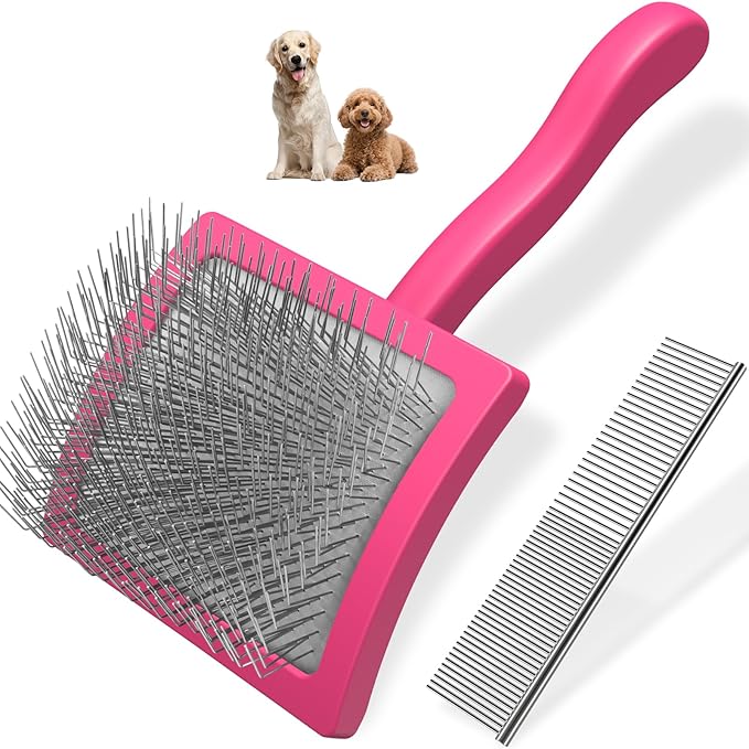 2PCS Slicker Brush for Dogs & Pet Comb,Professional Dog Grooming Brush (Goldendoodles,Poodles,Labradoodles) with Extra Long Pins to Effectively Remove Tangles, Knots and Mats (Pink, Large)