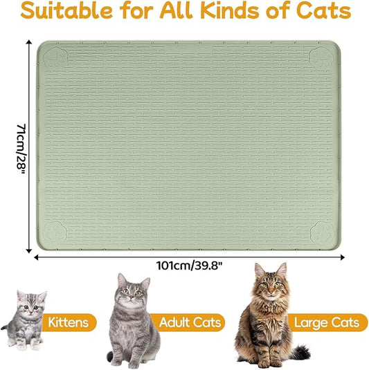 Lanstics Cat Food Mat, 40" x 28" Large Silicone Mat Cat Feeding Mat with Raised Edge Non-Slip Pet Feeding Mat for Food and Water Bowl, Easy to Clean, Floor Protection (Green)