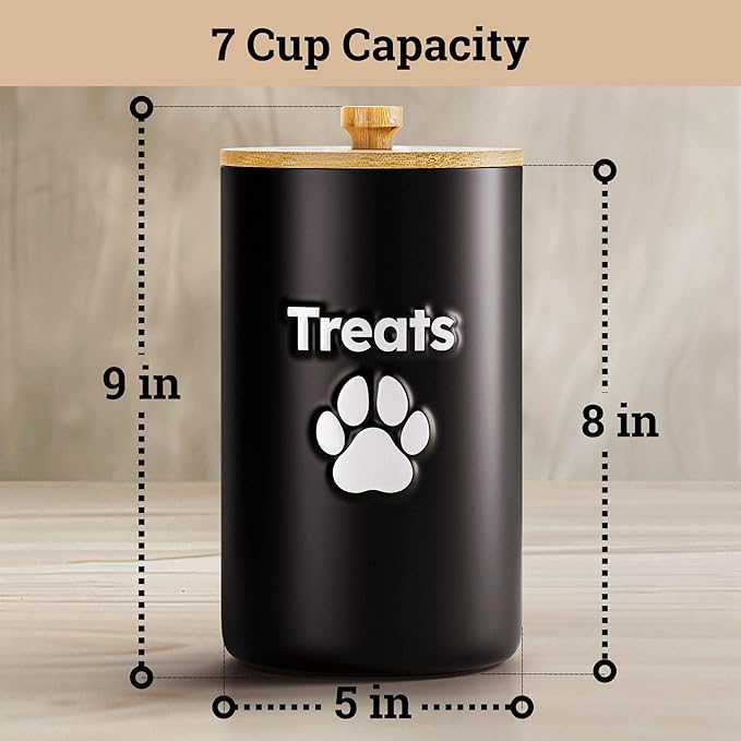 Dog Treat Container Airtight - 5 Inch Wide x 9 Inch Tall Ceramic Dog Treat Jar for Kitchen Counter with Airtight Bamboo Lid - 7 Cup Capacity Pet Treat Container - Doggie Cookie Jar - Treats Canister