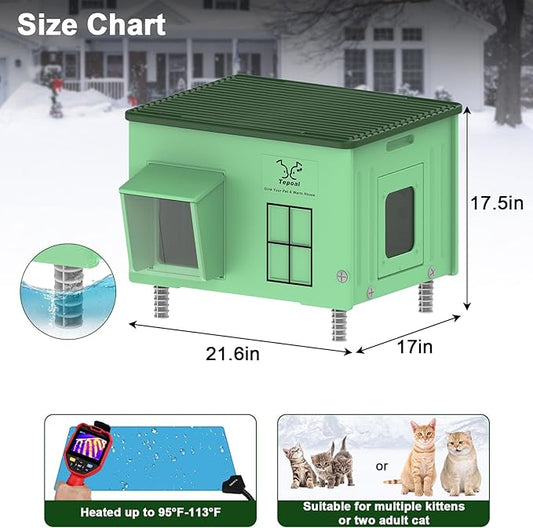 Large Plastic Heated Cat House for Outside, Elevated Outdoor Cat Shelter 100% Weatherproof & Insulated with Safe Escape Door, Outdoor Cats House with Heated for Barn Cats Green 21.6"X17"X17.5"