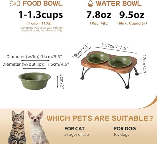 Ceramic 5.5-inch Raised Double-Bowl Set with Non-Slip Stand, 1 Cup Food or 9.5oz Water Dishes for Puppies and Cats, Wide Opening with Rounded Edges(Olive Green)