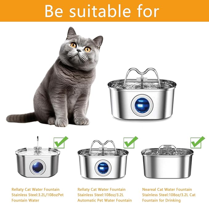 12Pack Cat Water Fountain Filters with 12 Pack Pre-Filter Sponges for 3.2L/108oz Stainless Steel Pet Water Fountain with Water Level Window