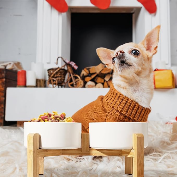 Elevated Ceramic Dog Bowl Set - Raised Dog Bowls with Non-Slip Bamboo Stand - Dog Food and Water Bowl Set - Double Dog Feeding Bowls - Suitable for Small and Medium Dogs - 28.74 OZ - 3.6 CUPS - 850 ML