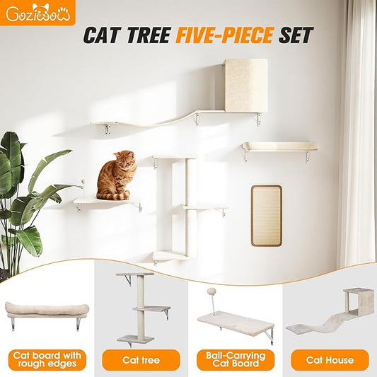 COZIWOW Cat Wall Shelves Set, 5-Piece Wall Mounted Cat Furniture with Cat Tree & Scratching Post, Floating Cat Perches for Indoor Cats(Beige)