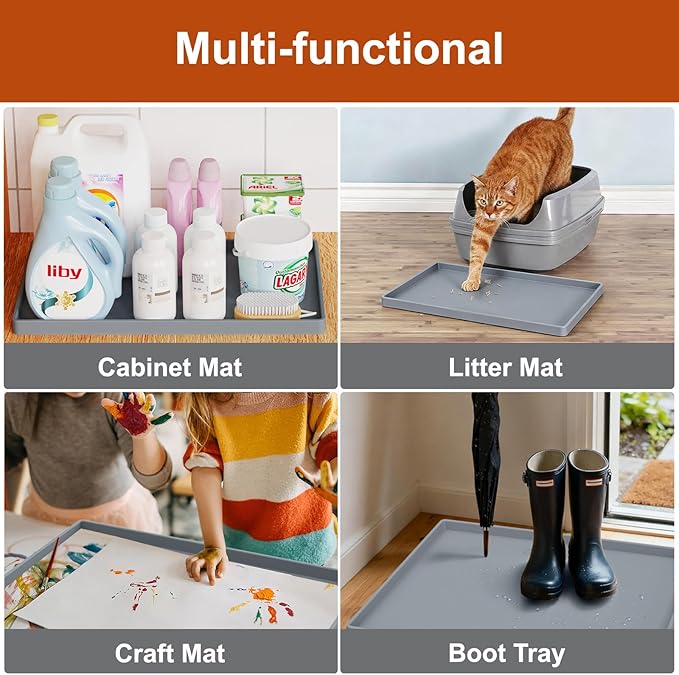 19” x 12” Extra Thick Waterproof Silicone Mat with Raised Edge, BPA Free Non-Slip Dog & Cat Food Mat, Feeding Mat for Food and Water Bowls, Spill Proof Mat to Protect Floors, Gray