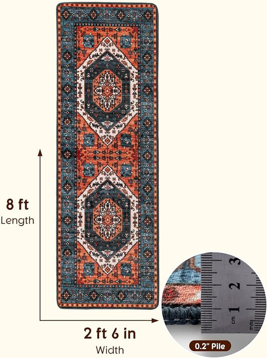 LBRO2M Boho Washable Runner Rug 2'6“X8’ Washable Hallway Runner Rugs Non Slip Low Piles Rugs, Soft, Area Rug Runners for Hallways, Bedroom, Kitchen Laundry Room (2'6"X8', Rust Teal)