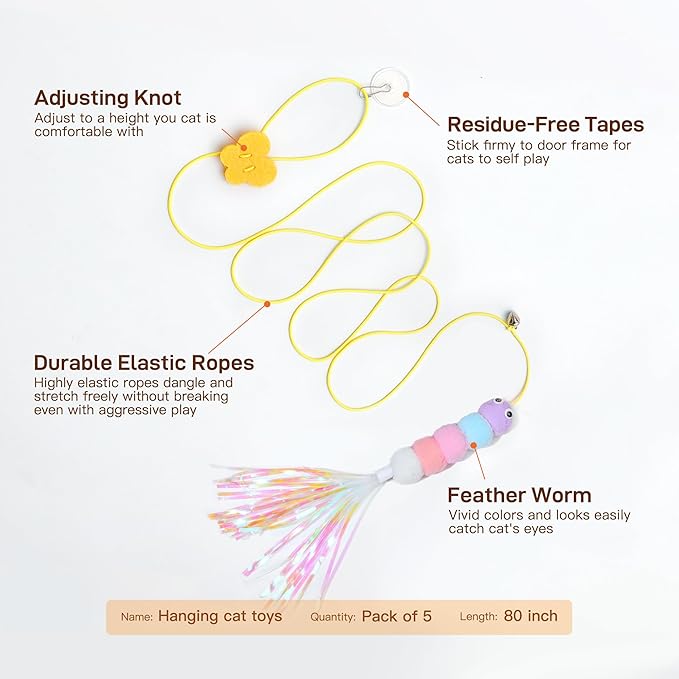 Potaroma Interactive Cat Feather Toys 5 Pcs, Cat Teaser Retractable Hanging Indoor Kitten Play Chase Exercise, Mental Physical Stimulation for All Breeds and Species