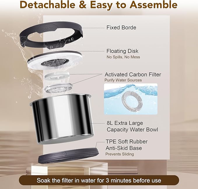 UPSKY Dog Water Bowl No Spill 8L Stainless Steel, 2.1 Gallon Large Capacity Spill-Proof Dog Bowls, Non-Slip Slow Drinking Anti-Splash Bowl for Large Messy Drinkers, No Mess Indoor/Outdoor Use, Gray