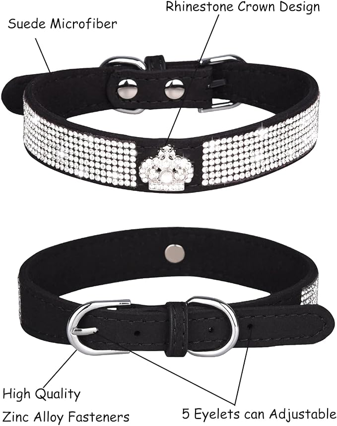 Bling Dog Collar for Small Medium Large Dogs, Crown Rhinestone Dog Collars for Girl and boy Dog, Diamond Puppy Collars, Adjustable Leather Suede SOFE Cat Collar (XS(8.2"-10.6"/21CM-27CM), Black)