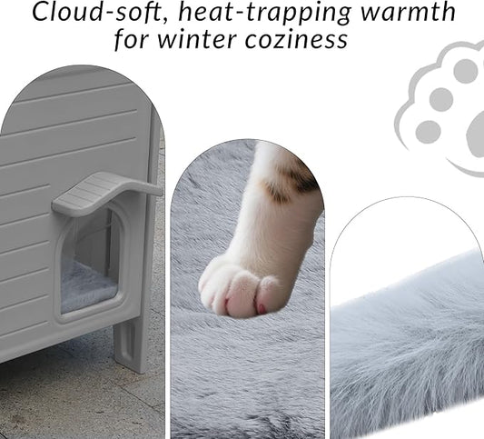 Weatherproof Insulated Outdoor Cat House with Mat for Feral Cat, Plastic Elevated Cat Shelter with Escape Door, Easy Assemble, Expansive Interior Grey 27.0" L x 27.0" W x 21.0" H