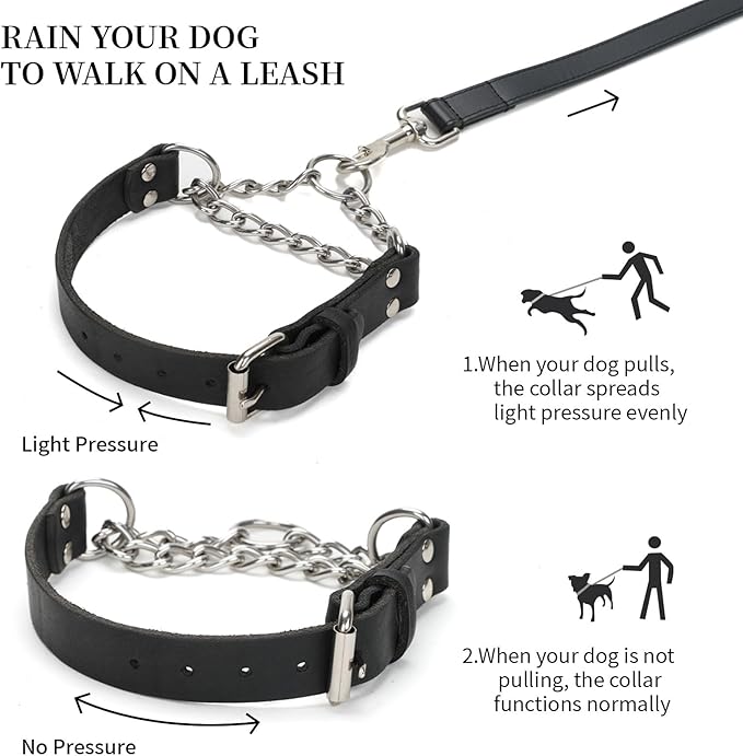 Martingale Collar for Dogs No-Pull Adjustable Training Collar with Stainless Steel Chain - Genuine Leather Anti-Slip Design for Small,Medium,Large Breed Dogs - Black (L)