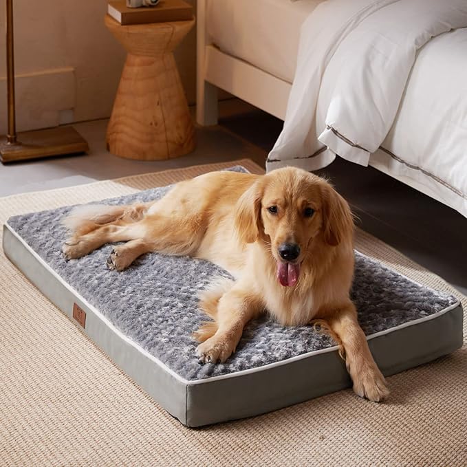 WNPETHOME Orthopedic Large Dog Bed, Large Waterproof Dog Bed with Removable Washable Cover & Anti-Slip Bottom,Egg Crate Foam Pet Bed Mat,Soft Rose Plush Pet Crate Mat