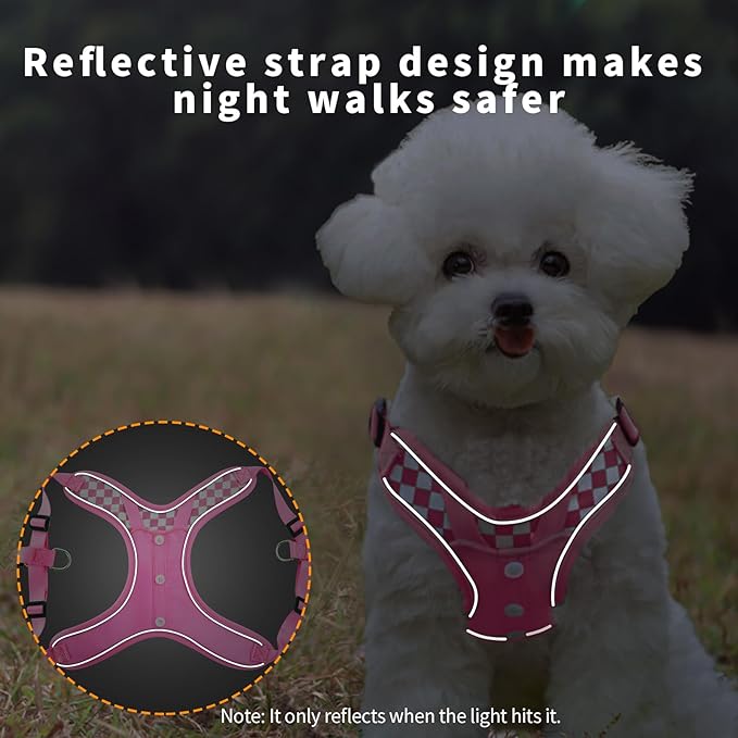 Denim French Bulldog Harness with Leash Set, with Breathable Padded Puppy Harness for Small Dogs Training and Walking (XS Pink)