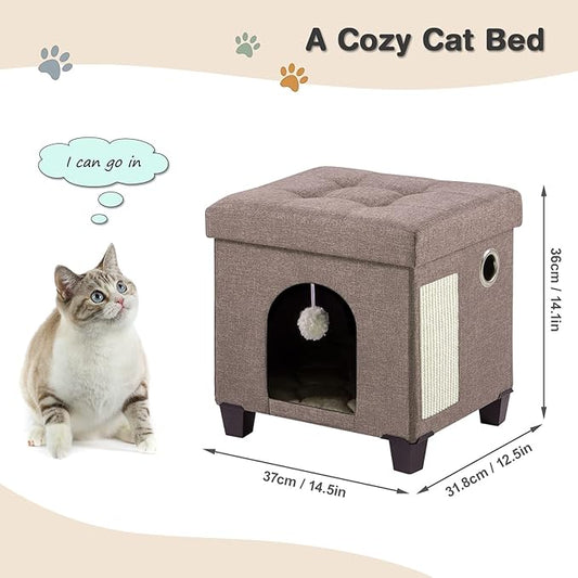 BRIAN & DANY Foldable Cat House, Cat Cave, Cat Cube with Scratch Board & Ball, 14.7" x 14.1” x 12.7”, Brown