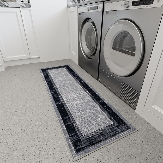 Ottomanson Hallway Runner Rug 20" x 59" Non Slip Border Area Rugs Easy to Clean Laundry Rug Runner Durable & Pet Friendly Floor Carpet Runners for Hallways Entryway Living Room Kitchen, Gray/Navy