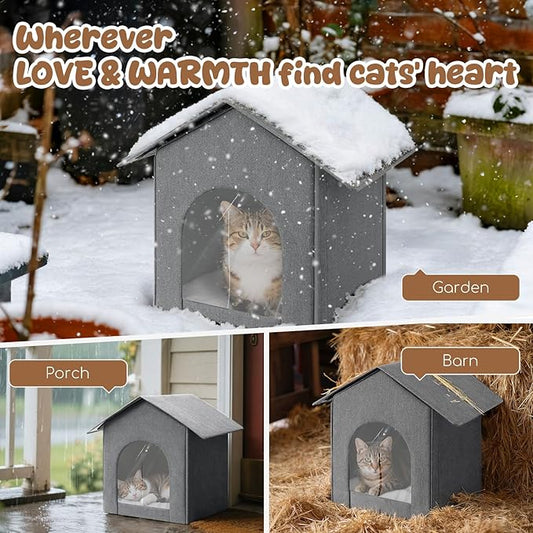 Outdoor Cat House Weatherproof, Insulated Cat Houses for Outdoor/Indoor Cats for Winter, Waterproof Feral Stray Cat Shelter with Door Curtain and Warm Cushion, Easy to Assemble, Grey