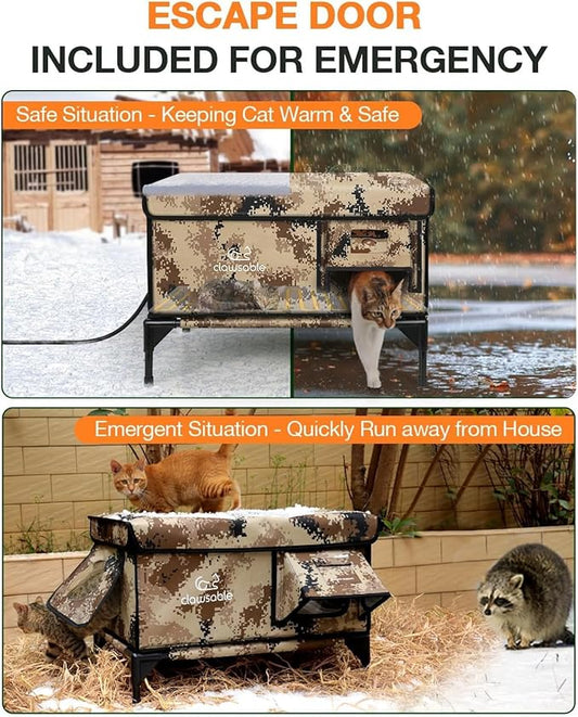 Indestructible Heated Cat House for Outside Winter, 100% Waterproof, Safe Escape Door, Insulated Outdoor Cat Shelter with Heater for Feral Barn Cat Kitty (Desert Camouflage, 13"x17"x18")
