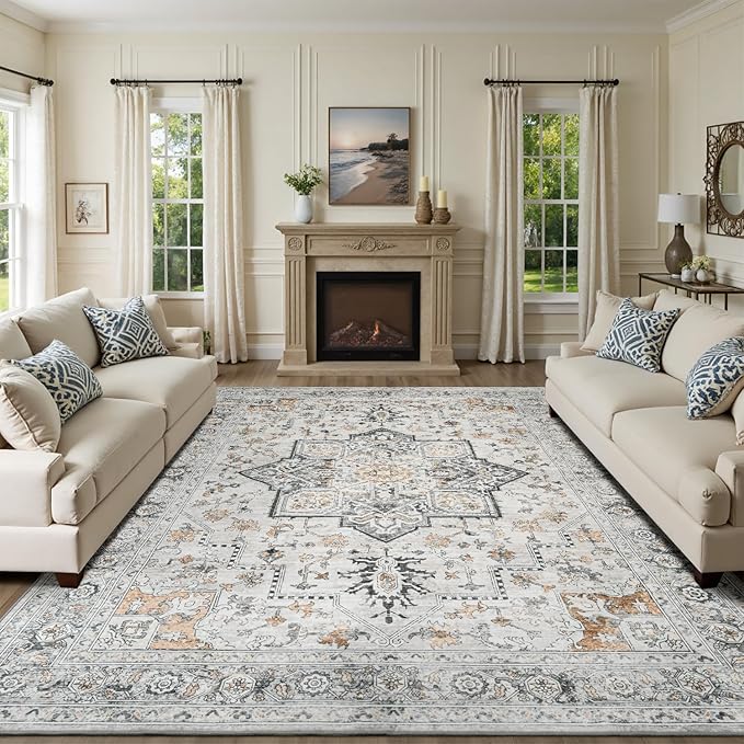 Lessymo 5x7 Area Rugs for Living Room, Washable Rug for Bedroom Kitchen Dining Room, Soft Vintage Carpet Non Slip, Large Boho Rug Low Pile for Entryway Dorm Nursery Kids Room Bedside, Grey/Brown
