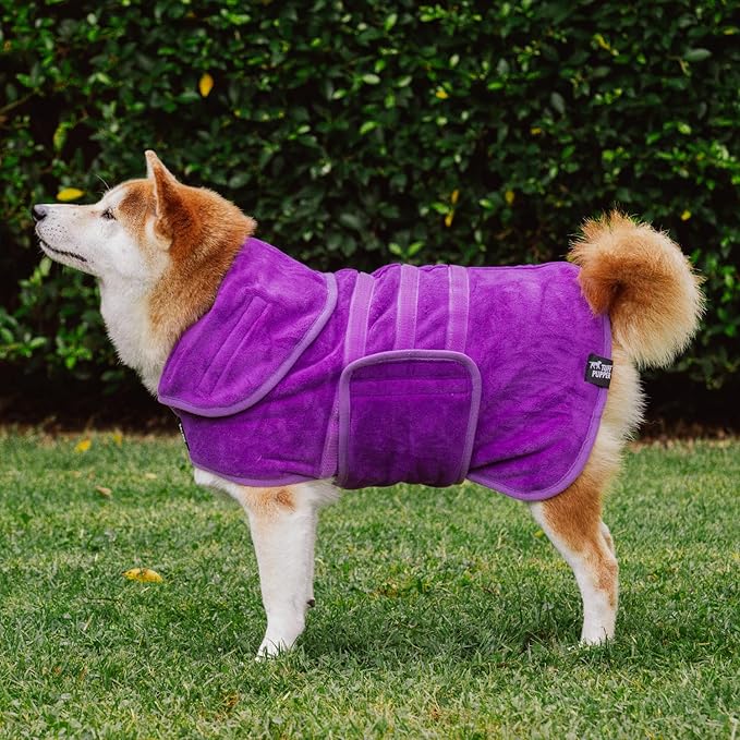 Tuff Pupper Fast Drying Dog Bath Robe | 800 GSM Plush Dog Towel Bathrobe/Dressing Gown | Super Absorbent Pet/Puppy Bathrobe | Adjustable Hood & Belly Strap | Super Soft | Fast Drying (M, Purple)