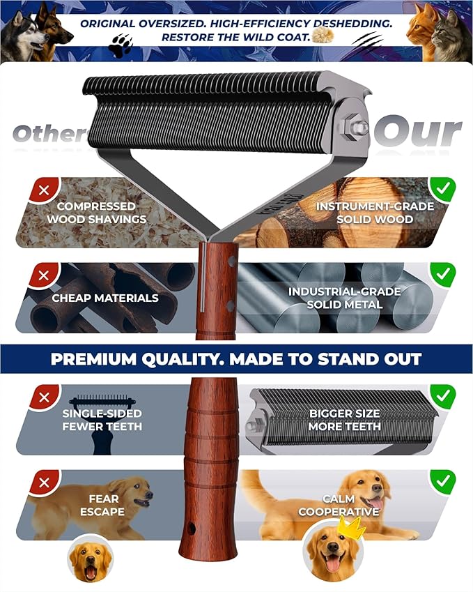 Oversized 2-Sided Dog Brush For Shedding Undercoat Rake for Dogs & Cats & Horses, Remove Mats,Dematting Comb, Grooming Brush for German Shepherds Medium to Long-Haired Pets(African Padauk Handle)
