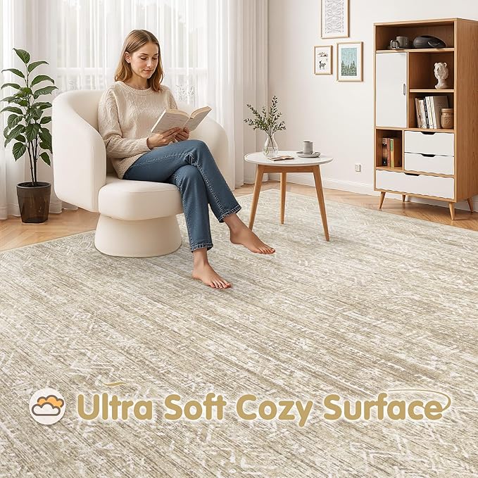 Washable Rug 9x12 Area Rugs: Modern Geometric Rugs for Living Room Non Slip Soft Low Pile Moroccan Indoor Carpet for Bedroom Nursery Dining Room Home Office (Beige, 9'x12')