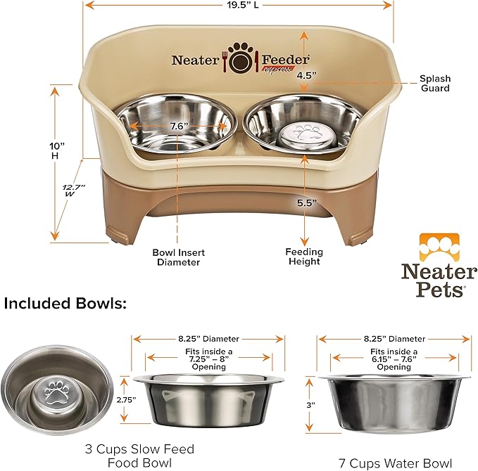 Neater Feeder - Express Model w/Slow Feed Bowl - Mess-Proof Dog Bowls (M/L, Cappuccino) Made in USA –Elevated, No Spill, Non-Tip, Non-Slip, Raised Stainless Steel Food/Water Pet Bowls Aid Digestion