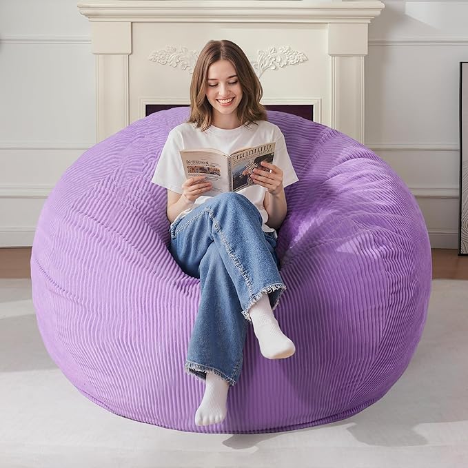 Homguava 5FT Bean Bag Chair for Adults,Teardrop Giant Bean Bags Big Beanbag Chair with Memory Foam Filled and Ultra Soft Removable Corduroy Cover for Living Room, Bedroom (Purple)