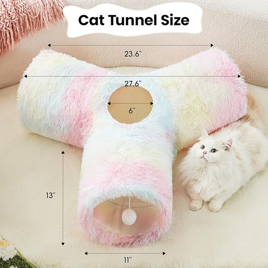 Tempcore Plush Pet Cat Tunnel Tube Cat Toys 3 Way Collapsible, Tunnels for Indoor Cats,Kitty Tunnel Bored Pet Toys Peek Hole Ball Puppy, Kitty, Kitten, Rabbit Rainbow