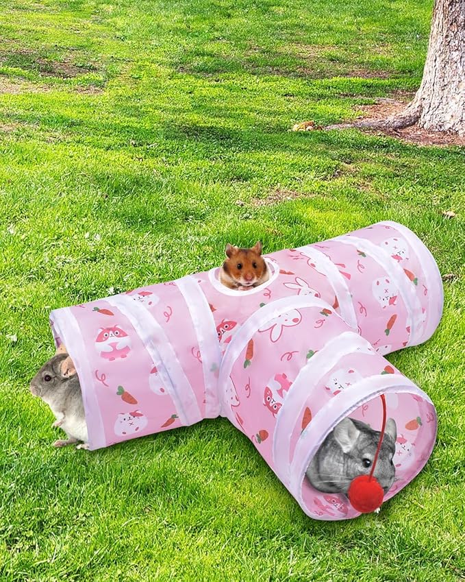 Bissap Rabbit Tunnel, 9.8'' Collapsible Bunny Tunnel and Tube 3 Ways Pet Hideout with 1 Play Ball for Indoor Kittens Dwarf Rabbits Bunnies Guinea Pigs Chinchillas Small Animal Activity Fun Toys (Pink)