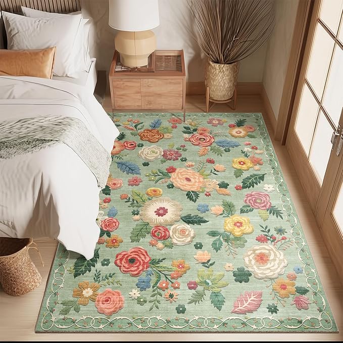 4x6 Bedroom Area Rug Washable: Entry Throw Rug Stain Resistant Floral Green Rug Non Slip Low Pile Small Carpet for Bedroom Kitchen Entryway Living Room Bedside Office Dorm Kids Room Entrance