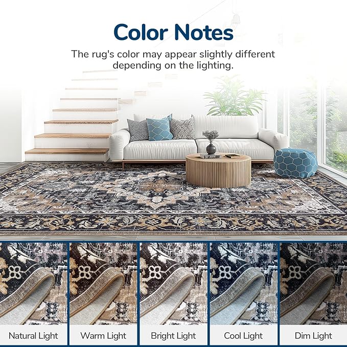 Lessymo Area Rugs 5x8, Machine Washable Area Rug, Super Soft Faux-Wool Area Rugs for Living Room Bedroom Kitchen, Boho Vintage Floral, Non-Slip Low Pile, Kid & Pet Friendly, Black Brown