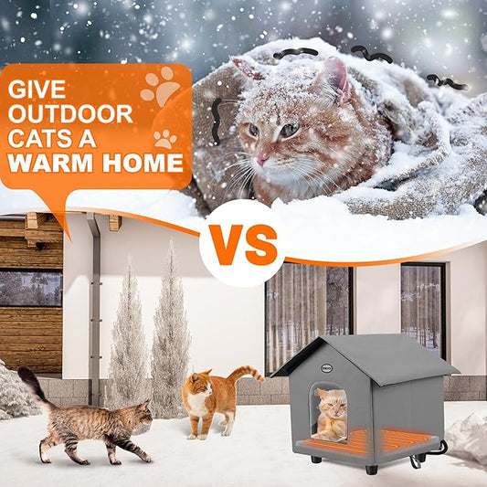 Dreyoo 1 Pack Heated Cat House Weatherproof, Winter Outdoor Tent with Heated Bed, Foldable Warm Shelter with 2 Doors for Feral Cats and Small Animals (Dark Gray)