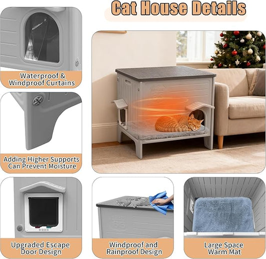Cat House Outside with Soft Mat for Winter,Plastic Cat House Waterproof for Outdoor, Feral Cat Shelter with Escape Door, Easy to Assemble Easy to Clean