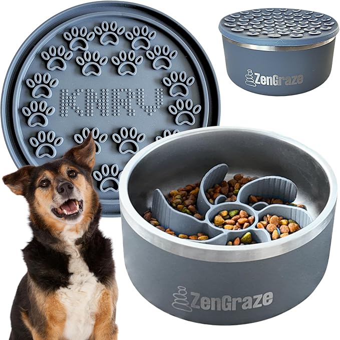Slow Feeder Dog Bowls with Premium Accessories | Slow Feeder Insert & Silicone Lick Mat Lid - Heavy Duty, Stainless Steel Dog Bowl | Non-Slip & Durable, 64 oz | Medium to Large Dogs (Steel Gray)