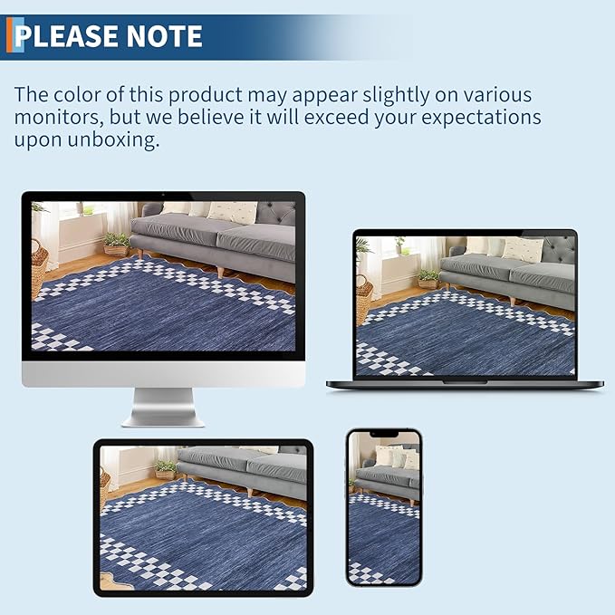 GarveeHome Area Rug 6x9 Large Living Room Modern Border Throw Rug with Rubber Backing Stain Resistant Dining Room Throw Carpet Washable Scalloped Rug for Bedroom Home Decor Office, Blue