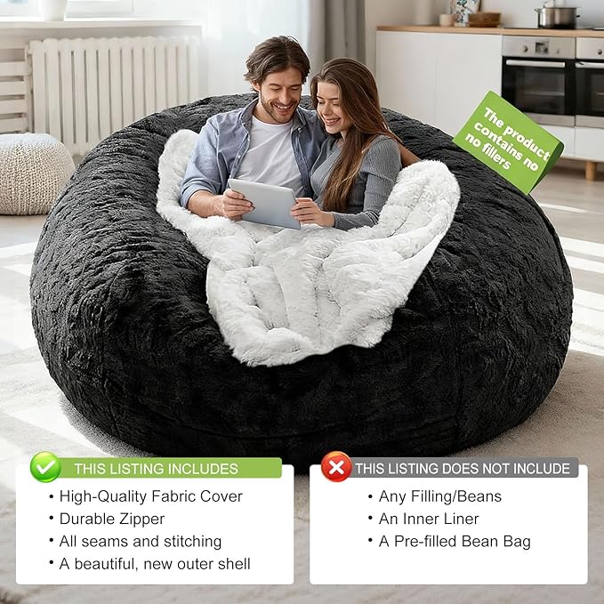 (No Filler Bean Bag Chair Cover Without Filler,Big Round Soft Fluffy PV Velvet Washable Bean Bag Lazy Sofa Bed Cover for Adults,Living Room Bedroom Furniture Outside,5ft Black