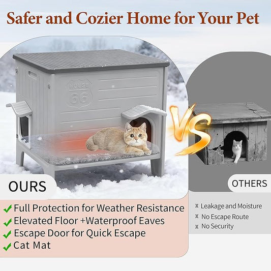 Deblue Cat House Outdoor with Cat Mat Weatherpoof Plastic Cats Houses with Escape Door Indoor Waterproof Feral/Pet Cat Shelter Outside for Puppy, Rabbit(Grey)