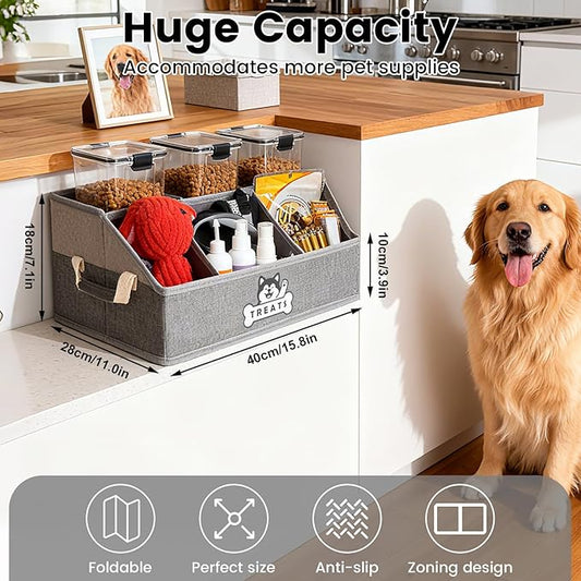 Dog Treat Container Basket for Countertop, Foldable Pet Toy Box for Living Room Area with Handles, Dog Storage Organizer with Removable Dividers for Treat Container, Leashes, Canned food, Pet Supplies