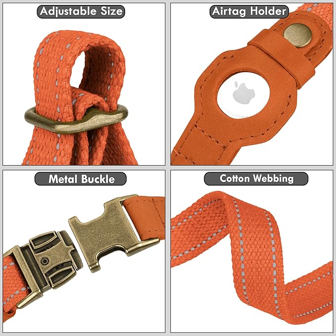 Reflective Leather Dog Collar with AirTag Holder - Soft Apple Airtag Dog Collar with Metal Buckle - Safety Cotton Pet Collars for Dogs Small Large Dogs Puppy (Orange, S, 12"-15")