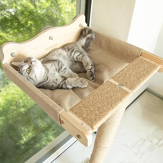 Cat Window Perch with Scratching Post, 46" Adjustable Tall Scratching Posts & Suction Cup – Multi-Level Perch for Climbing, Bird Watching, and Play, Supports 45 lbs (Drilling-Free)