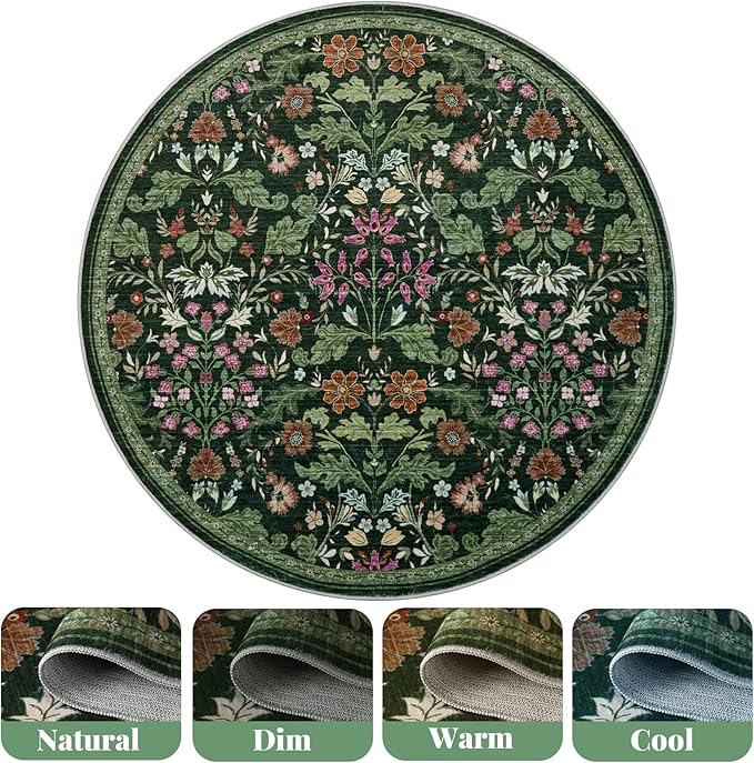 Floral Area Rug for Living Room: 6x6 Washable Soft Low Pile Thin Indoor Carpet, Non Slip Stain Resistant Vintage Flower Boho Accent Large Rugs for Bedroom, Dining, Home Office, Nursery - Green