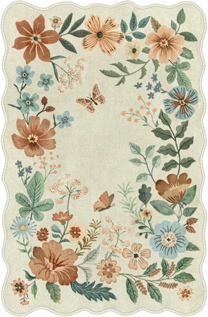 Lahome Floral Bedroom Rug,4x6 Washable Area Rugs for Living Room Dining Room, Non Slip Ultra-Thin Stain Resistant Boho Throw Carpet for Office (4x6ft,Beige)