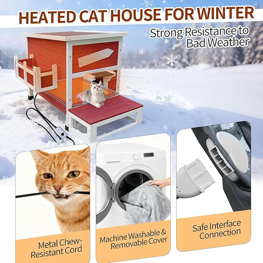 Rockever Heated Cat House for Outside Cats in Winter, Large Heated Cat Houses with Heating Pad, Wooden Outside Cat Shelter Weatherproof with Escape Door(Red)